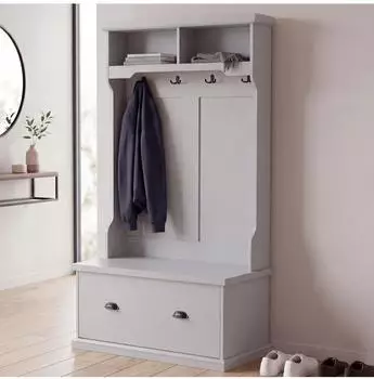 MCW Garderobe P27 mit Sitzbank, 4 Haken, Melamin, hellgrau, 163x100x47cm (101402)