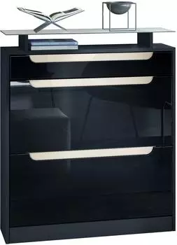 Vladon Fiesta Schuhschrank 2 Klappen, Schublade, Glasablage, 89x104x23cm, Schwarz Hochglanz/Creme Hochglanz