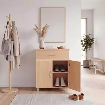 Finebuy Schuhschrank Buche Optik 60&times;75&times;30cm, Schublade und 2 T&uuml;ren (FB111565)