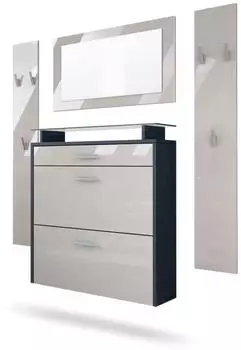 Vladon Malea Garderoben-Set mit Schuhschrank, Spiegel, Anthrazit/Sandgrau Hochglanz (800000591017)