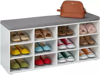 Relaxdays Schuhbank 12 F&auml;cher gepolsterte Sitzfl&auml;che 48x104x30cm wei&szlig;/grau (10051086_489)