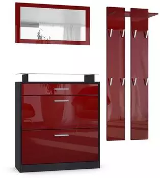 Vladon Loret Mini Garderoben-Set mit Schuhschrank, Spiegel und Paneelen, schwarz matt/Bordeaux hochglanz (800000608438)