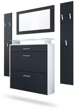 Vladon Malea Garderoben-Set mit Schuhschrank, Spiegel und Paneelen, wei&szlig; matt/schwarz matt (800000587169)