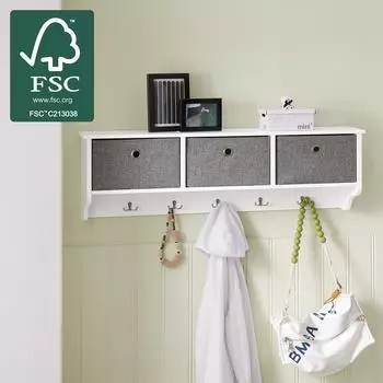 SoBuy FRG282 Wandgarderobe H&auml;ngeregal mit 3 K&ouml;rben und 5 Haken, Wei&szlig; (FRG282-W)