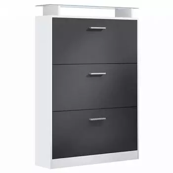 Vladon Lavia Schuhschrank mit 3 Klappen und Glasablage, schwarz matt (89x128x23cm)