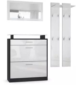 Vladon Loret Mini Garderoben-Set mit Schuhschrank, Spiegel, Paneele, Schwarz matt/Wei&szlig; Hochglanz (800000608452)