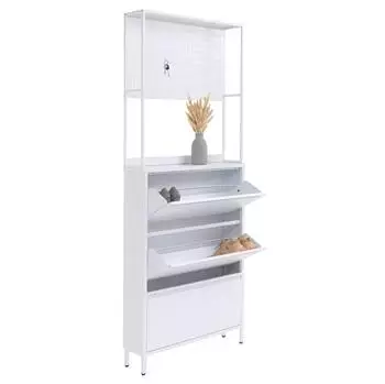 Mendler HWC-O86 Schuhschrank 3 Kippf&auml;cher, Metall, wei&szlig;, 201x80x20cm (139432)