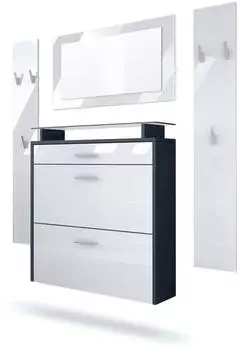 Vladon Malea Garderoben-Set mit Schuhschrank, Spiegel, anthrazit/wei&szlig; Hochglanz, 180x180x23cm (800000591010)