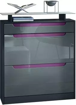 Vladon Fiesta Schuhschrank 2 Klappen, Schublade, schwarz matt/grau/brombeer hochglanz (89x104x23cm)