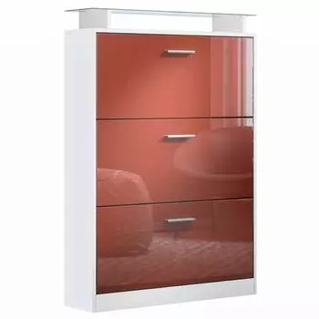 Vladon Lavia Schuhschrank 3 Klappen, Glasablage, weiß matt/bordeaux hochglanz (89x128x23cm)