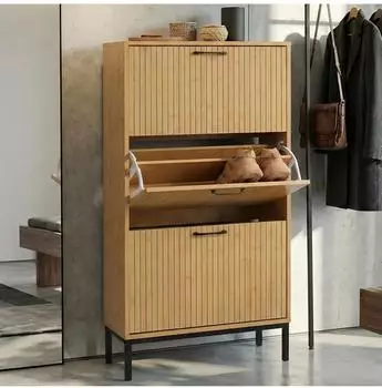 MCW Schuhkipper P48 3 Kippfächer MDF Melamin 125x60x25cm Bambus-Optik (100502)