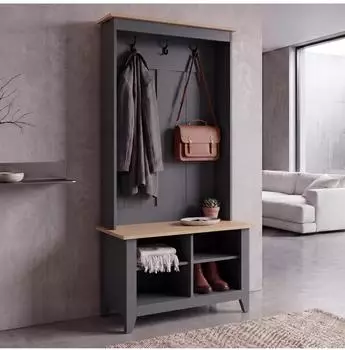 MCW Garderobe P28 Standgarderobe mit Schuhregal & Sitzbank, Melamin, dunkelgrau/natur, 170x76x39cm (101477)