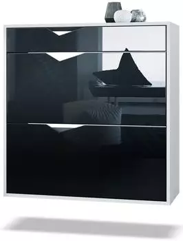 Vladon Kolmio Schuhschrank 2 Klappen, Schublade, weiß matt/schwarz hochglanz (85x87x33 cm)