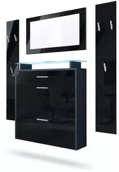 Vladon Malea Garderoben-Set mit Schuhschrank, Spiegel, anthrazit/schwarz Hochglanz, LED (800000584878)
