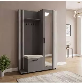 WFL GROUP Linaro Kompaktgarderobe mit Spiegel, Sitzbank & Schuhablage, grau, 137x207x42cm (800001517186)