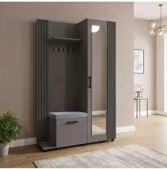 WFL GROUP Linaro Kompaktgarderobe mit Spiegel & Sitzbank, dunkelgrau, 137x207x42cm (800001517184)