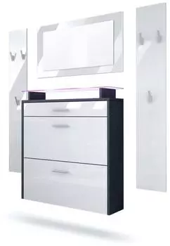 Vladon Malea Garderoben-Set mit Spiegel, Schuhschrank, LED-Beleuchtung, anthrazit/weiß hochglanz (800000608538)