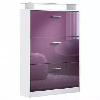 Vladon Lavia Schuhschrank 3 Klappen, Glasablage, weiß matt/Brombeer Hochglanz (89x128x23cm)
