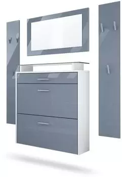 Vladon Malea Garderoben-Set mit Schuhschrank, Spiegel und 2 Paneelen, weiß matt/grau hochglanz