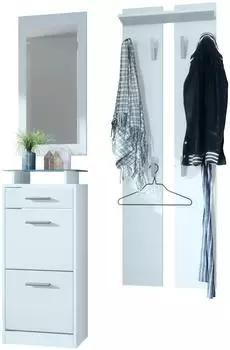 Vladon Loret V2 Mini Garderoben-Set mit Schuhschrank, Wandspiegel und Paneelen, wei&szlig; matt (50002255)