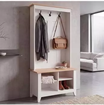 MCW Garderobe P28 mit Schuhregal & Sitzbank, Melamin, 170x76x39cm, weiß/natur (101474)