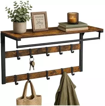 Relaxdays Wandgarderobe 3 in 1, Hakenleiste, Kleiderstange & Hutablage, 10 Haken