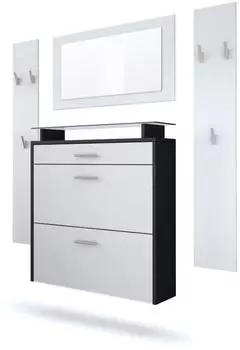Vladon Malea Garderoben-Set mit Hängeschuhschrank, Wandspiegel und 2 Paneelen, schwarz/weiß matt (50002300)