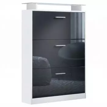 Vladon Lavia Schuhschrank 3 Klappen, Glasablage, wei&szlig; matt/schwarz hochglanz (89x128x23cm)