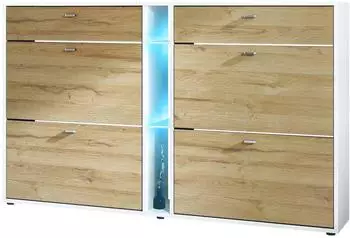 Vladon Today Schuhschrank 4 Klappen, 2 Schubladen, LED-Beleuchtung, Eiche Natur (50025818)