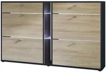 Vladon Today Schuhschrank mit Beleuchtung, 4 Klappen, schwarz matt/Eiche s&auml;gerau (50027954)