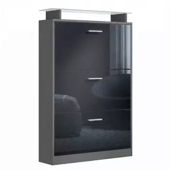 Vladon Lavia Schuhschrank 3 Klappen, Glasablage, anthrazit matt/schwarz hochglanz, 89x128x23cm (50028301)