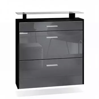 Vladon Malea H&auml;nge-Schuhschrank mit 2 Klappen, Schublade, Glasablage, schwarz matt/grau hochglanz (50000748)