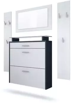 Vladon Malea Garderoben-Set mit Schuhschrank, Spiegel und 2 Paneelen, anthrazit matt/weiß matt