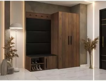 Mirjan24 Medi I Garderoben-Set mit Drehtürenschrank, Schuhschrank, 4 Paneele (Nuss Warmia / Soft 011)