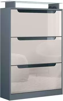 Vladon Space Schuhschrank mit Glasablage, 3 Klappen, anthrazit/sandgrau hochglanz (89x128x23cm)