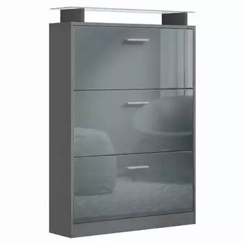 Vladon Lavia Schuhschrank 3 Klappen, Glasablage, anthrazit matt/grau hochglanz (50028304)