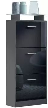 Vladon Lavia V2 Schuhschrank 3 Klappen, Glasablage, anthrazit matt/schwarz hochglanz (50028314)