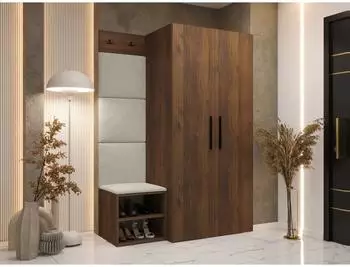 Mirjan24 Medi IV Garderoben-Set, Drehtürenschrank, Schuhschrank, 4x Wandpaneel 42x42, nuss/beige (Medi IV)