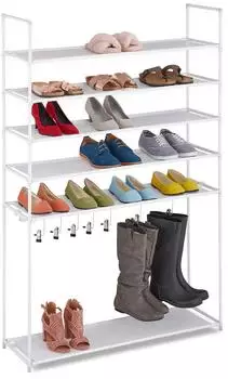Relaxdays Schuhschrank Baylee 6 Ebenen, 20 Paar, 7 Stiefelhaken, Metall & Stoff, wei&szlig; (99x30x153cm)
