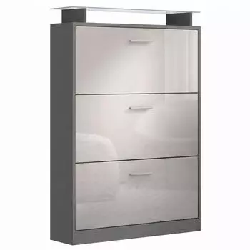 Vladon Lavia Schuhschrank 3 Klappen, Glasablage, Anthrazit/Sandgrau Hochglanz (89x128x23cm)