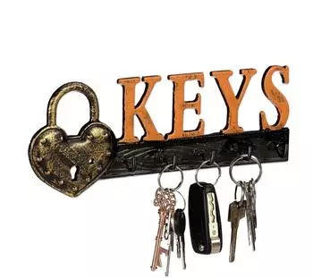 Relaxdays Schl&uuml;sselbrett "Keys" 5 Haken Gusseisen Vintage, 3er-Set