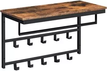 LuxusKollektion Wandgarderobe mit Ablage und 10 Haken, Industriestil, dunkelbraun/schwarz, 60x30cm