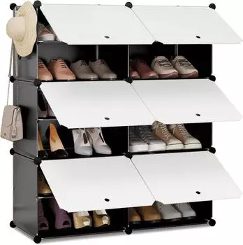 Woltu Schuhschrank 6 Fächer für 24 Paar, mit Türen, weiß/schwarz