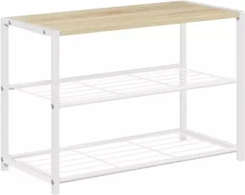 Woltu Schuhregal 2 Ablagen, Holz/Metall, helle Eiche + weiß (W0ITT5756)