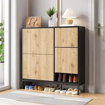 Stilvora Schuhschrank mit Klappt&uuml;ren und Schuhwechselhocker, schwarz/natur, 100x25x100cm (QTENIINQW7XY3)