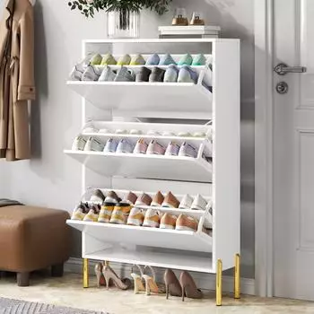 Stilvora Schuhschrank mit 3 Türen, weiß/gold, 73x120x24cm
