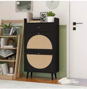 Stilvora Schuhschrank mit 2 Türen, 1 Schublade, Rattan-Optik, schwarz, 60x110x24cm (KABLQMGLZV418J)