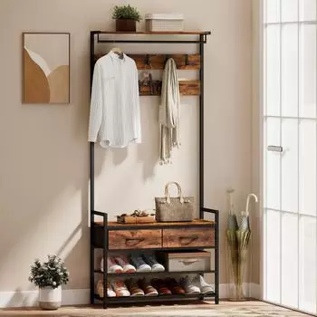 HomCom Garderobenständer 5-in-1 mit Schuhbank, Schubladen & Kleiderstange, rustikal braun (837-728V00RB)