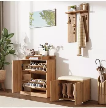 Stilvora Garderobenset mit 5 T&uuml;ren, 4 Haken, Spiegel & Schuhbank, natural, 140x35x133cm (KABXHADT4P0)