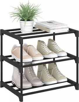 Woltu Schuhregal schmal, 3 Ebenen, Metall, schwarz (W0ITT6067)